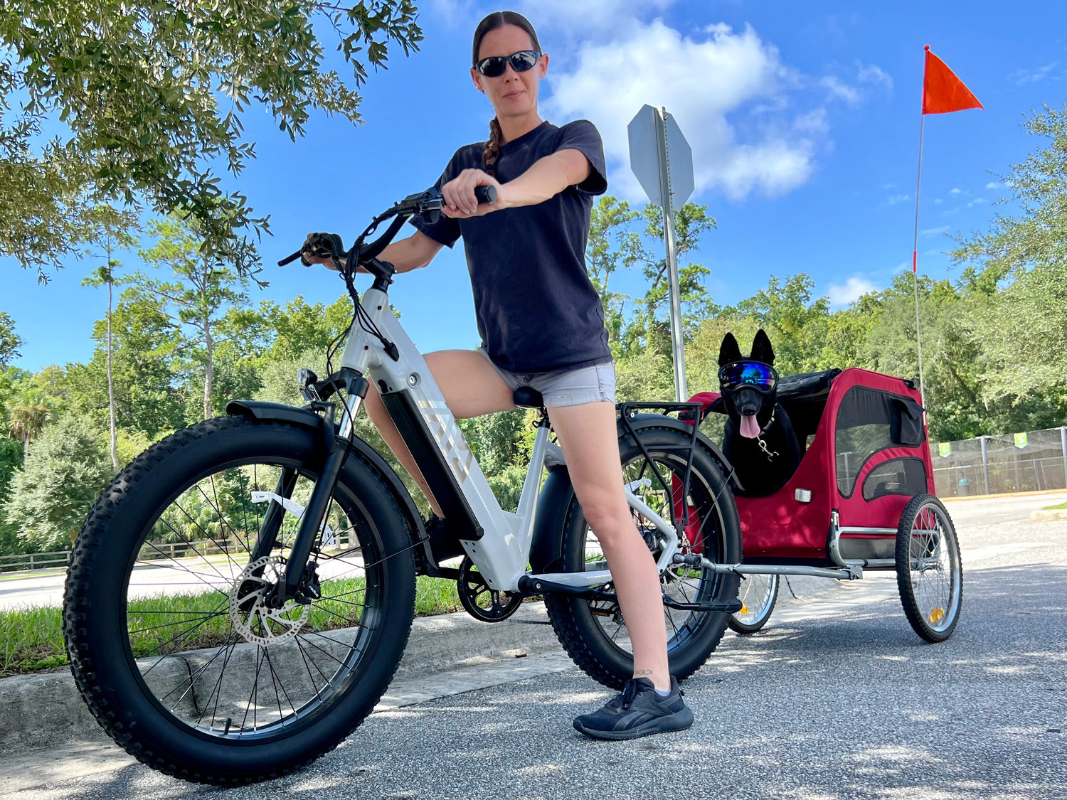 A female rider smiles as she rides her TST Dreamer electric bike, accompanied by her handsome dog who looks excited and happy. The background features a sunlit park with lush greenery, creating a cheerful outdoor biking atmosphere. 