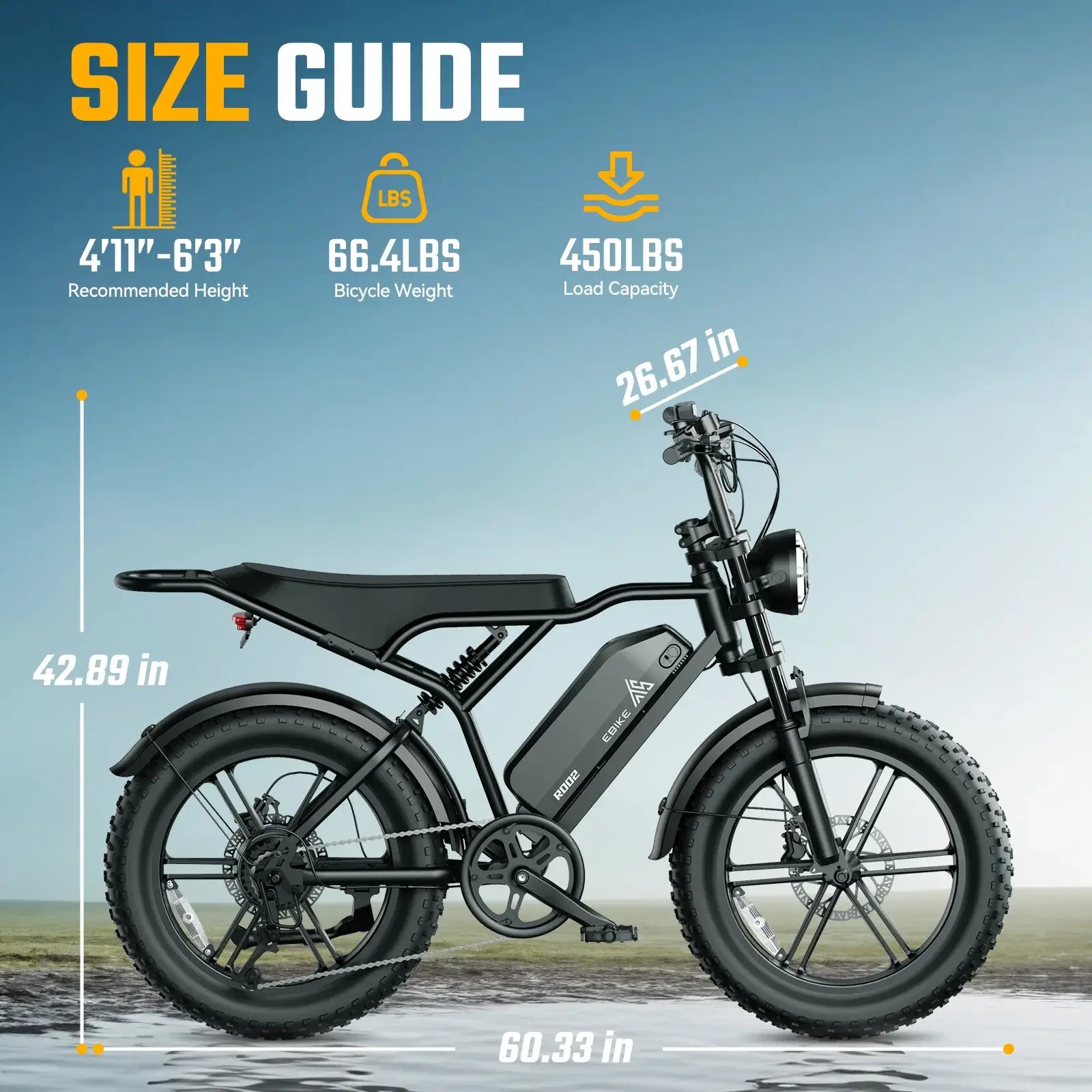 TST® R002 20'' 1500W Full Suspension Moped-style Electric Bike Size Guide